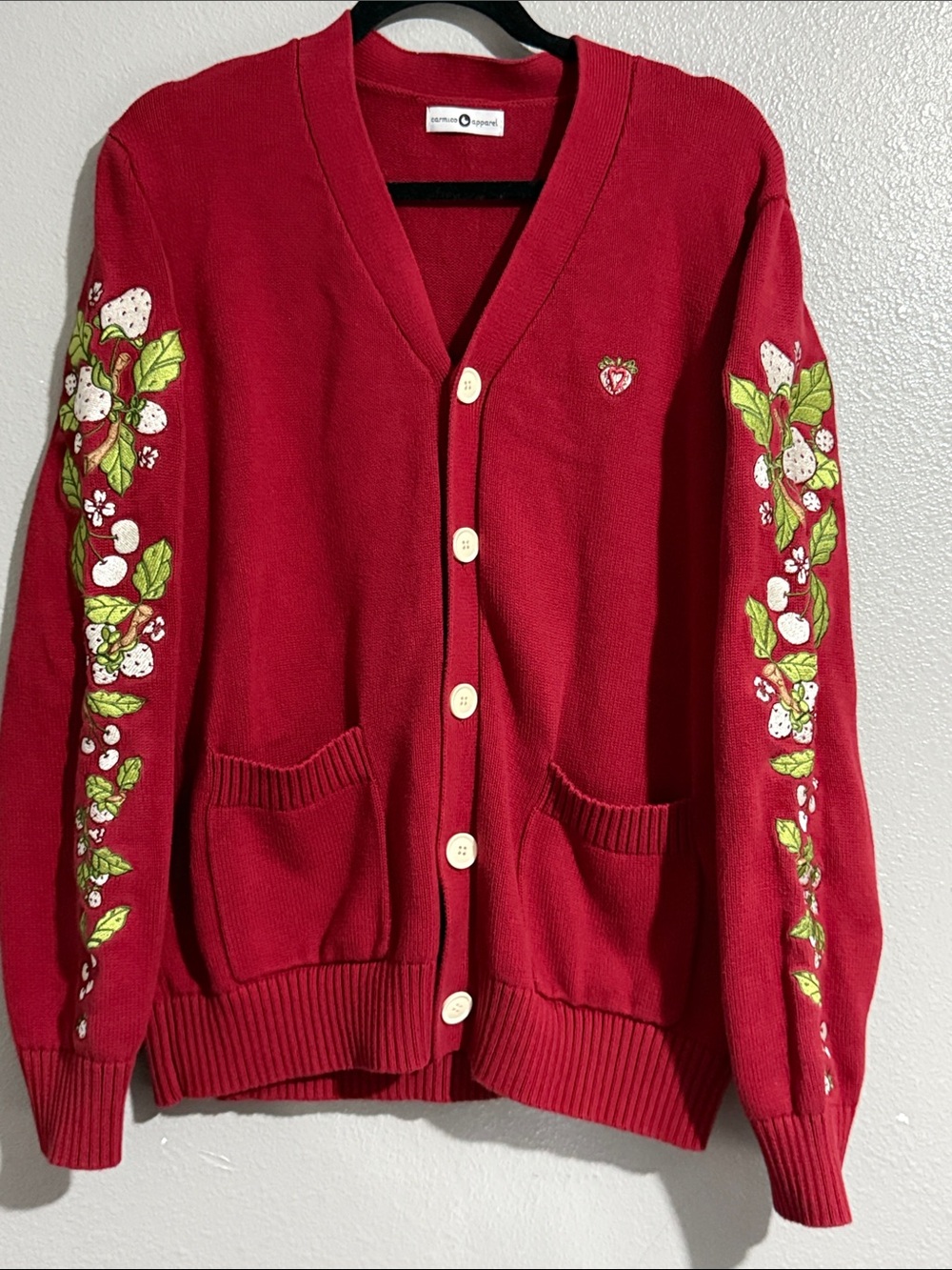 Carmico red mixed berries Strawberry-Embroidered Cardigan Sweater